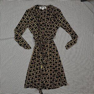 Vicky Tiel Royal Black Gold Laurel Wrap Dress Long Sleeve Travel Size Medium